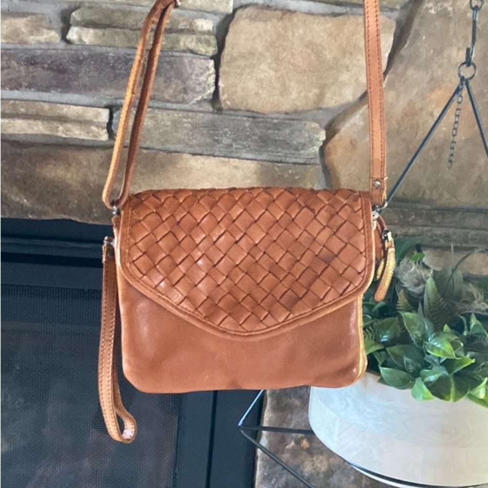 Holland Tan Woven Leather Crossbody Bag